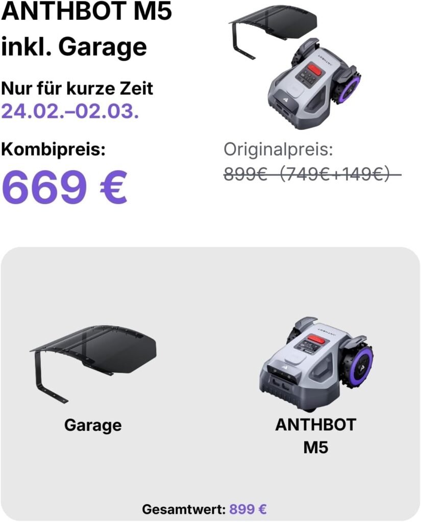 ANTHBOT M5 + Garage, Mähroboter ohne Begrenzungskabel mit präziser RTK-Navigation und Dual-Vision, KI-Hindernisvermeidung, App-Steuerung, 500 m², kompakter Rasenmäher Roboter mit 45% Steigung