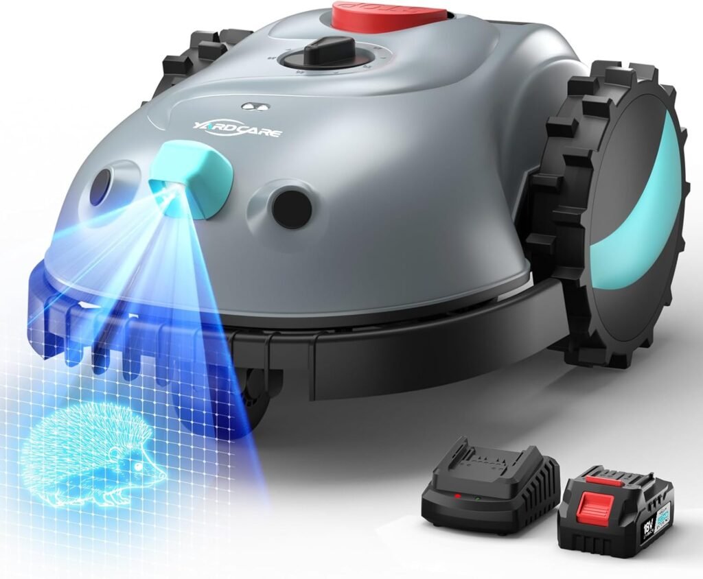 V100 Mähroboter ohne Begrenzungskabel Rasenroboter mit Kamera, Hindernisvermeidung, Vision Navigation, 4 Ah Akku Rasenmäher Roboter ohne Begrenzungsdraht 150㎡ mit Ersatzklingen, Spiralschnitt