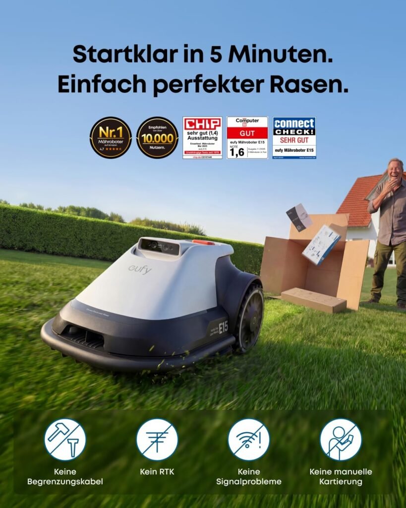 eufy E15 Mähroboter ohne Begrenzungskabel, Keine Signalausfälle, Kein RTK, TrueVision Technologie, Garten bis 800m², Smart-Navigation, Präzisionsrandschnitt, Hindernisvermeidung, App-Steuerung